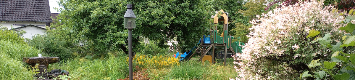 Blick in den Garten mit Brunnen und Kletterburg